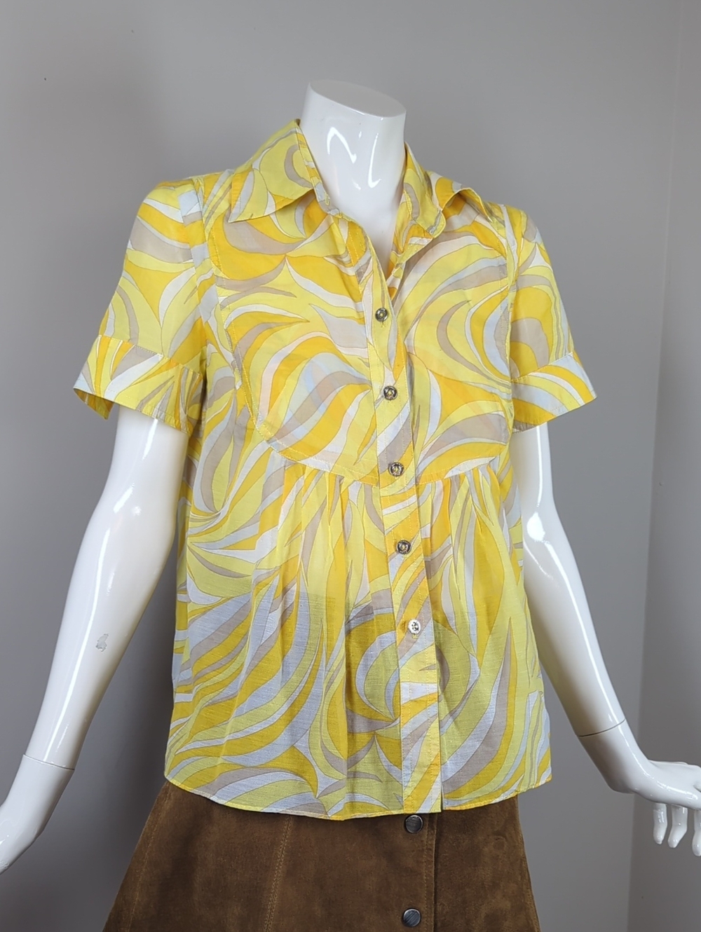 Women's Yellow Swirl Short-Sleeve Button Front Top Michael Kors Sheer Xs - Picture 2 of 9